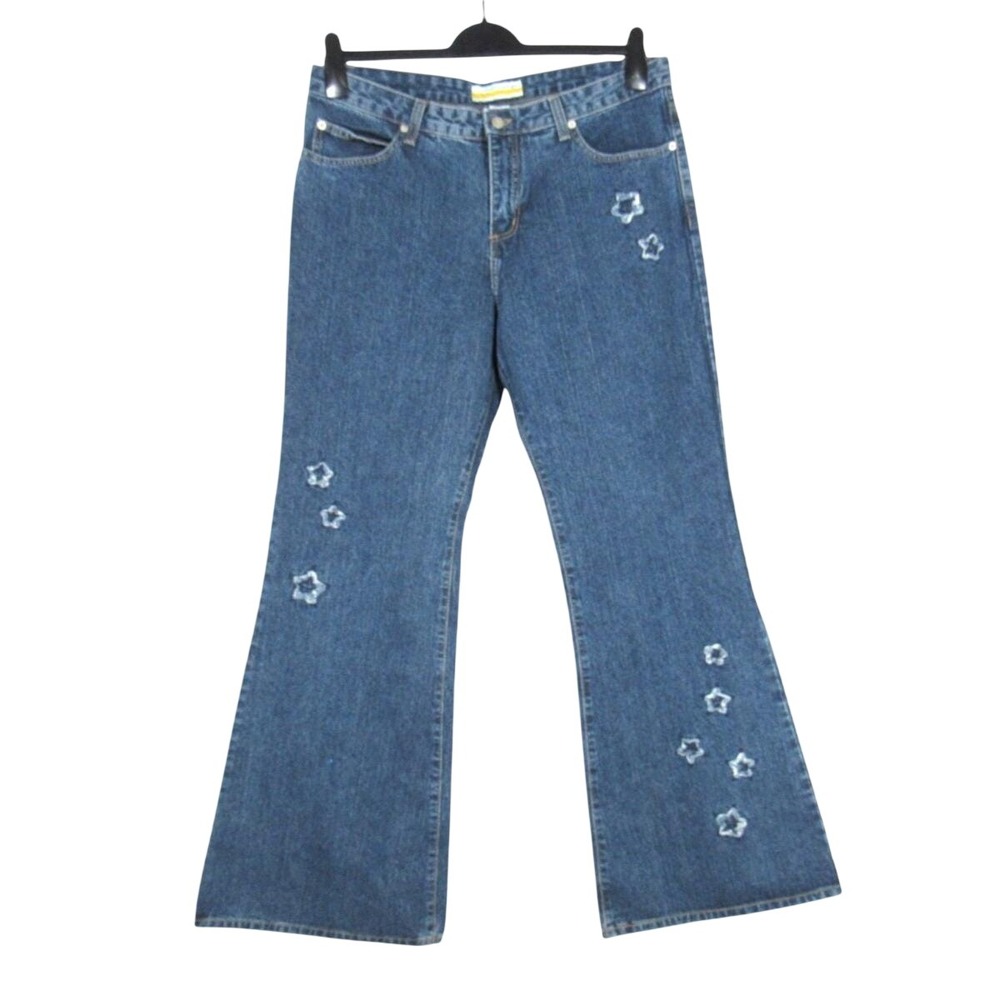 Vtg Y2K STATIONWAGON High-Rise FRAYED STARS Flared Leg Pockets Denim Jeans Sz 15